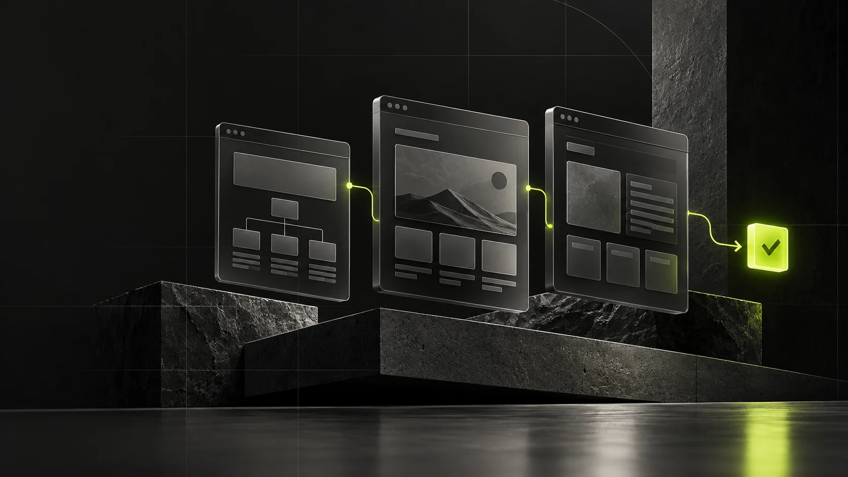 Website development stages: structure, design and finished pages on a dark background